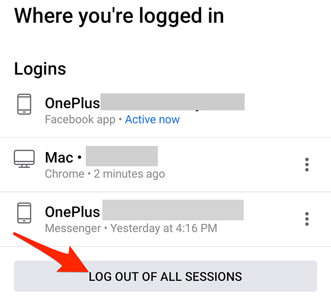 Нажмите «Выйти из всех сеансов» в приложении Facebook