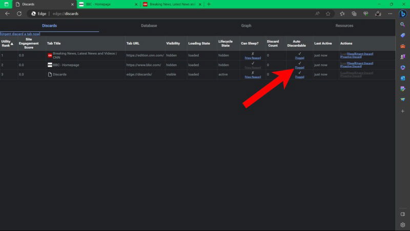 Страница Discards в Microsoft Edge