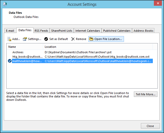 Папка с архивами и файлами Outlook в Проводнике