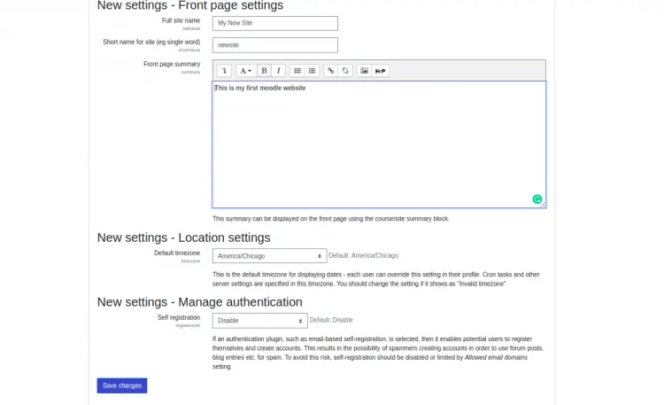 Настройки главной страницы Moodle после установки