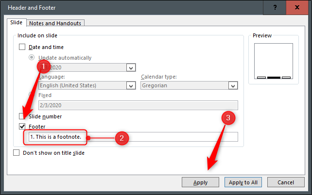 Ввод сноски в меню нижнего колонтитула
