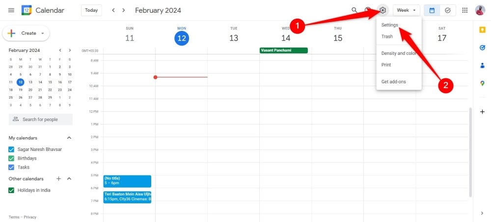 Меню настроек Google Календаря
