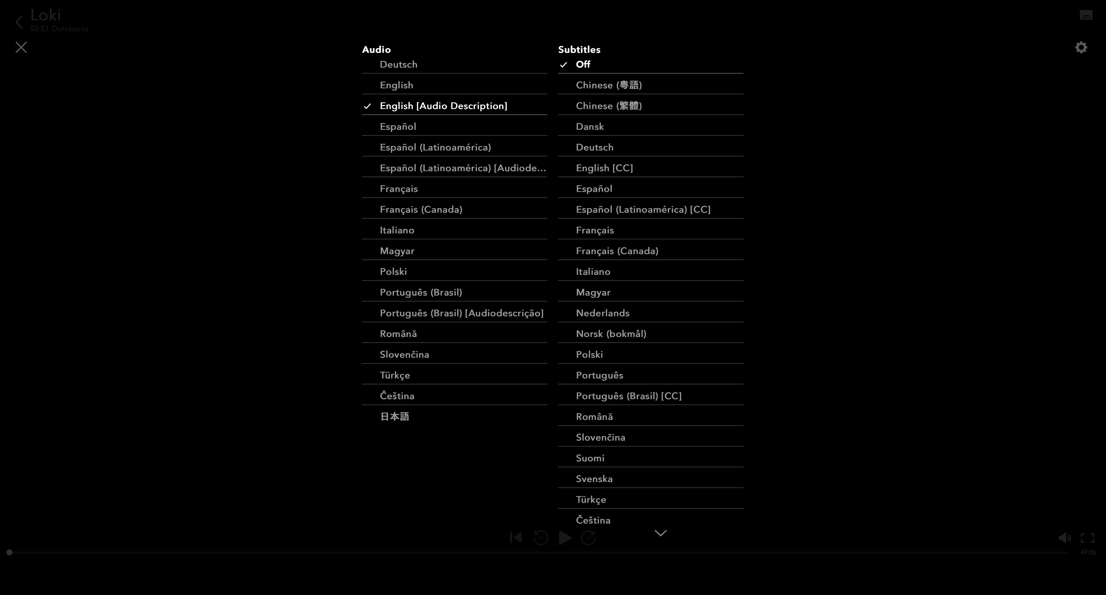 Выбор аудиоописания английского языка в меню субтитров