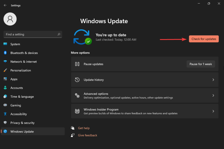 Кнопка Проверить обновления в Windows Update