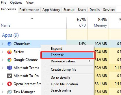 Завершение процесса Chromium в Диспетчере задач