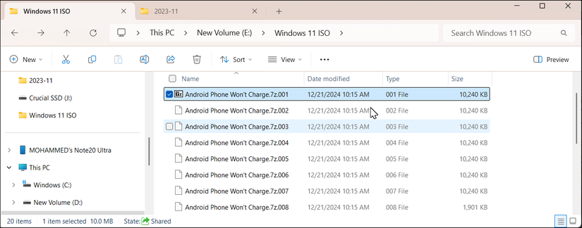 Проводник Windows с файлами, разделёнными 7-Zip