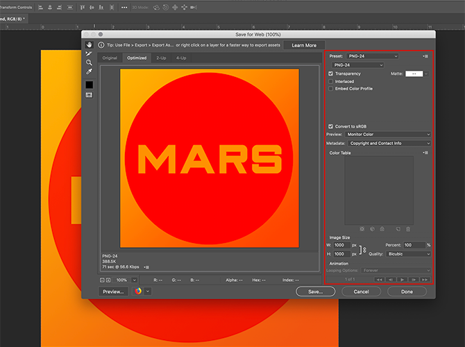Photoshop CC Filling out Details for Save for Web Legacy