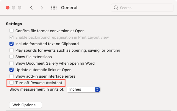 Снимите галочку Turn Off Resume Assistant