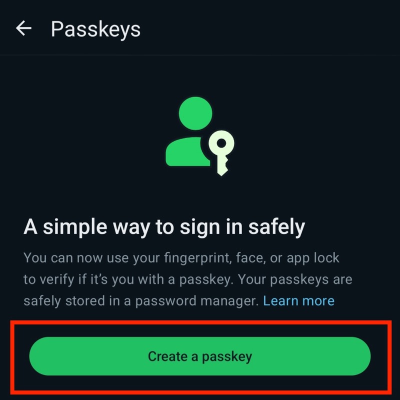 Кнопка создания passkey в WhatsApp на Android