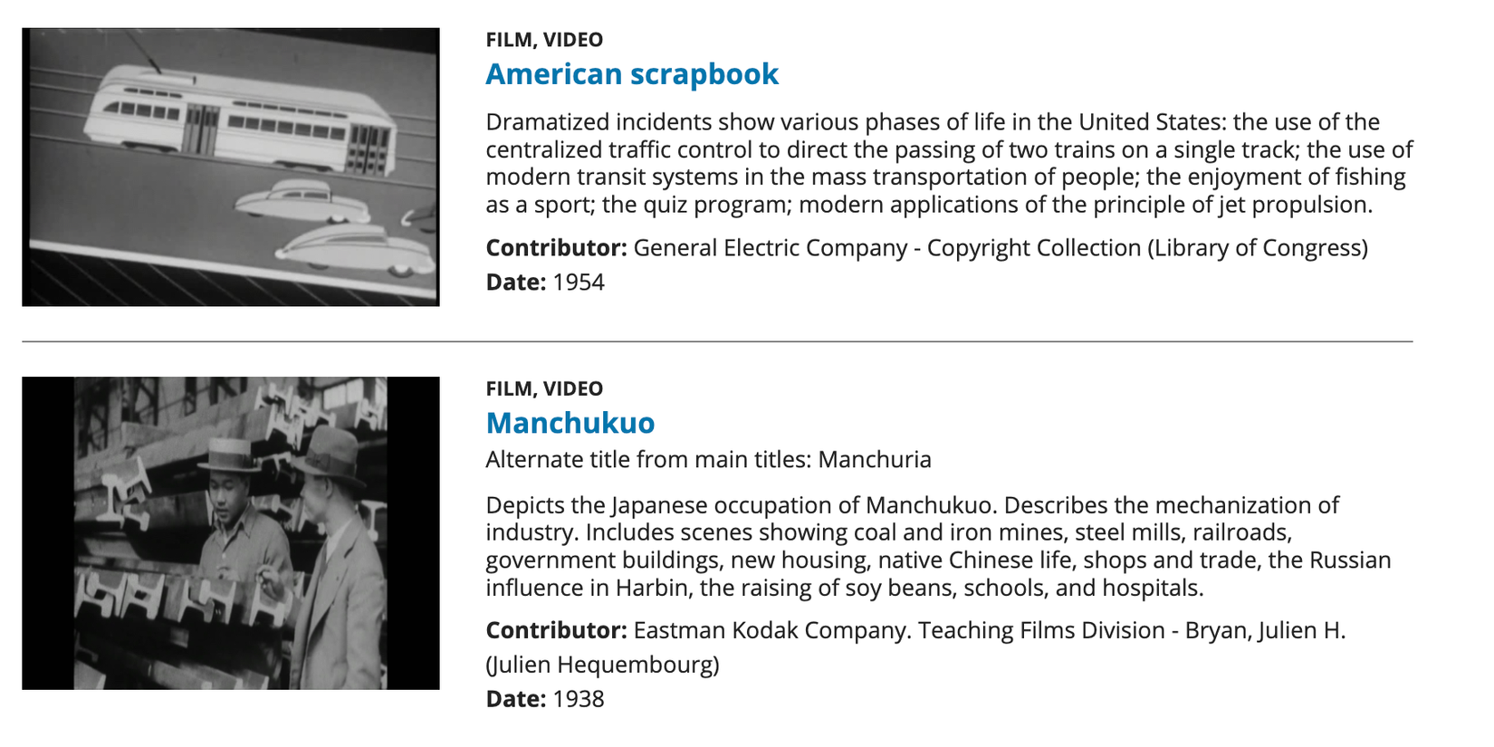 Сайт Библиотеки Конгресса показывает два названия из коллекции National Screening Room