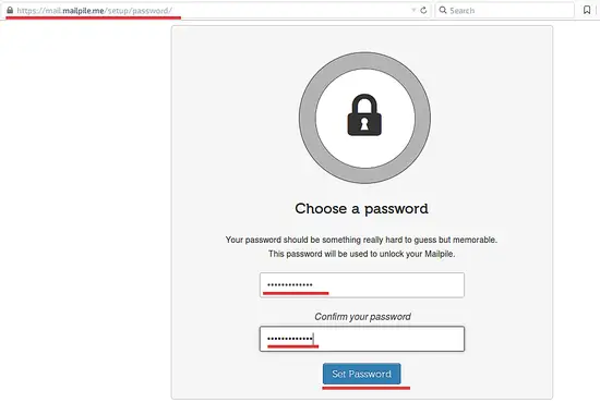 Экран установки пароля Mailpile