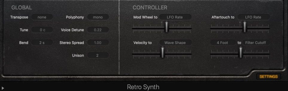 Настройки Global и Controller в Retro Synth