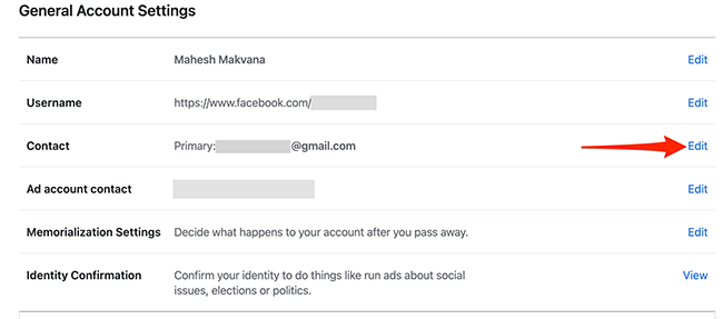 Нажмите «Редактировать» рядом с пунктом «Контакт» на странице настроек аккаунта.