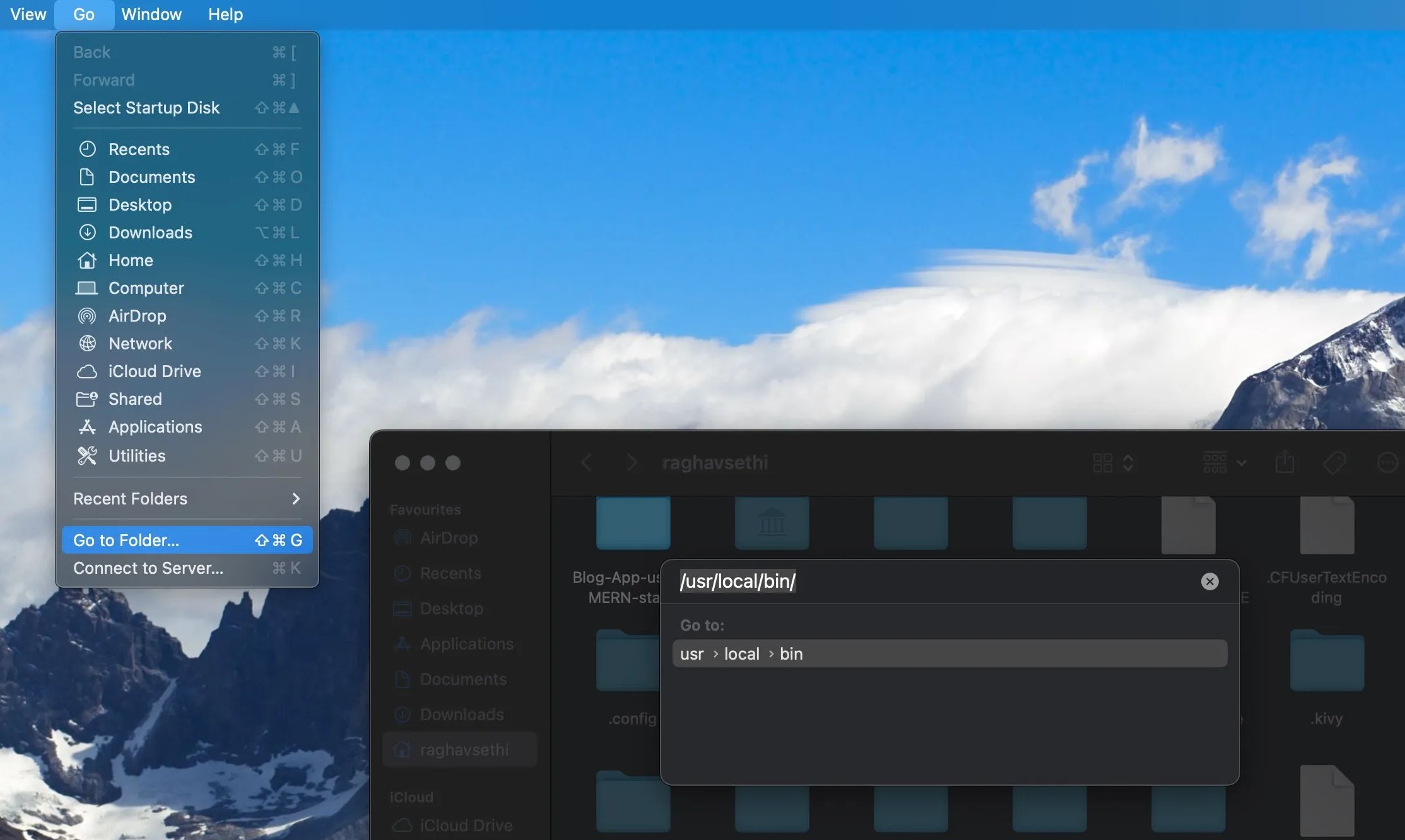 Окно Go to Folder в macOS