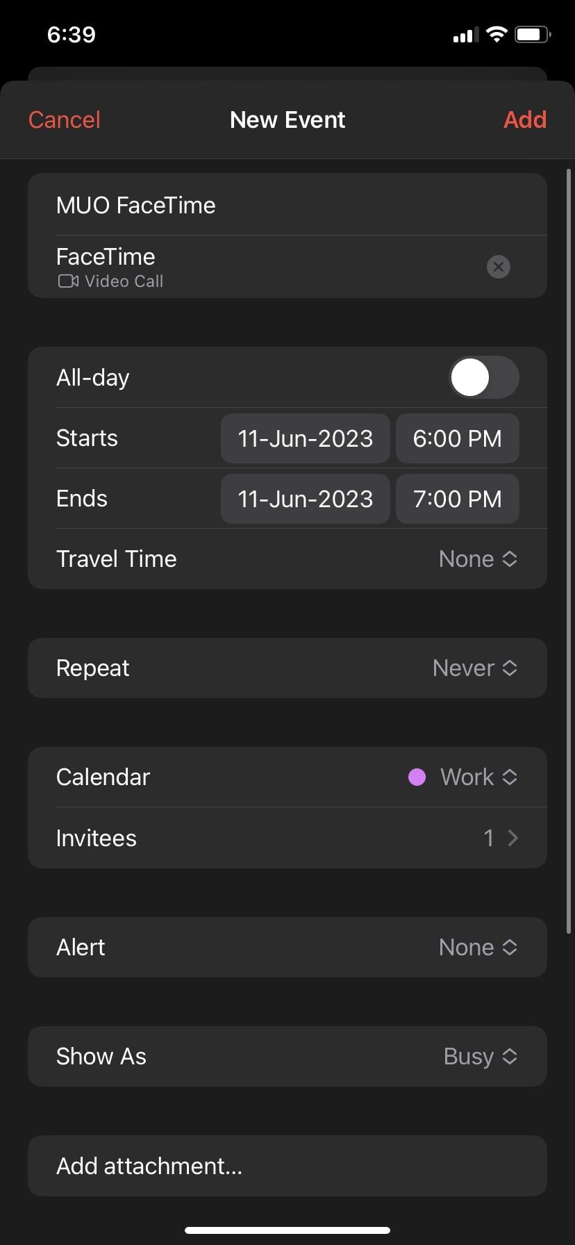 Кнопка Добавить в Календаре на iPhone