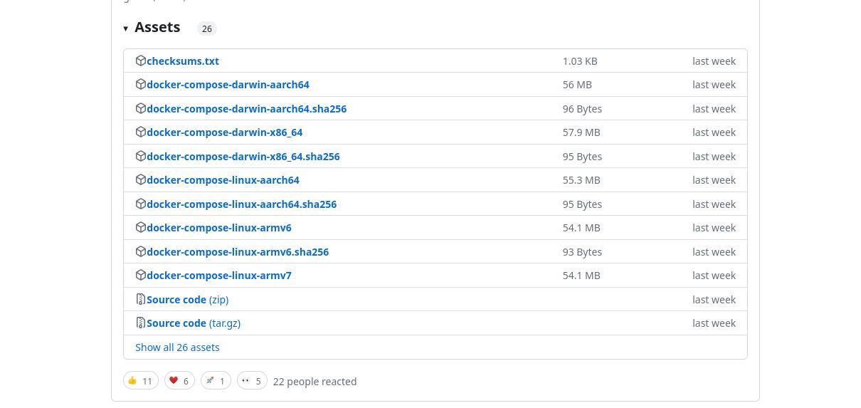 Страница релизов Docker Compose на GitHub