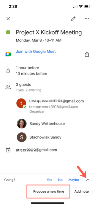 В мобильном приложении: нажмите «Предложить новое время»