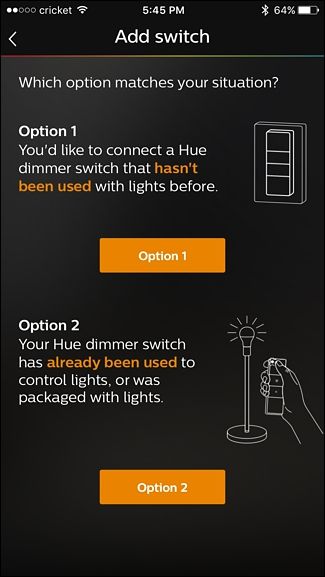 Экран выбора Option 1 или Option 2 при добавлении dimmer switch