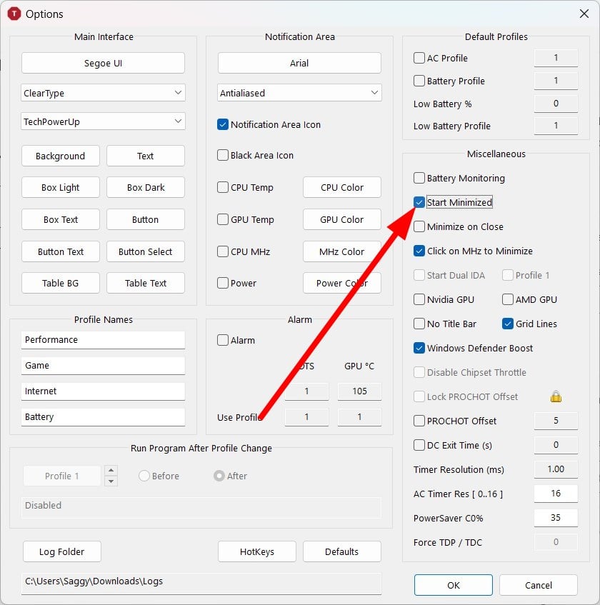Снимок: опция Start Minimized в ThrottleStop
