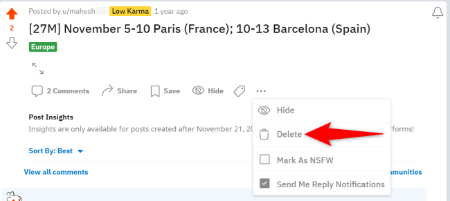 Меню с опцией Удалить для поста