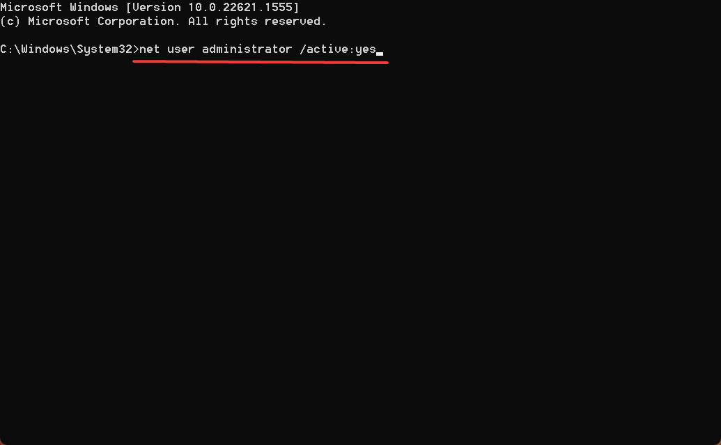 Включение встроенной учётной записи администратора в командной строке