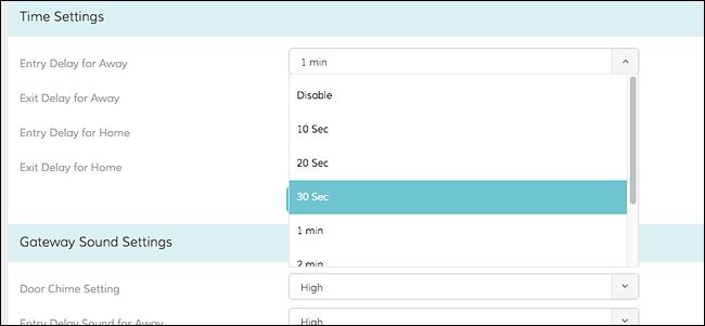 Настройки времени задержки — выпадающие списки с выбором времени