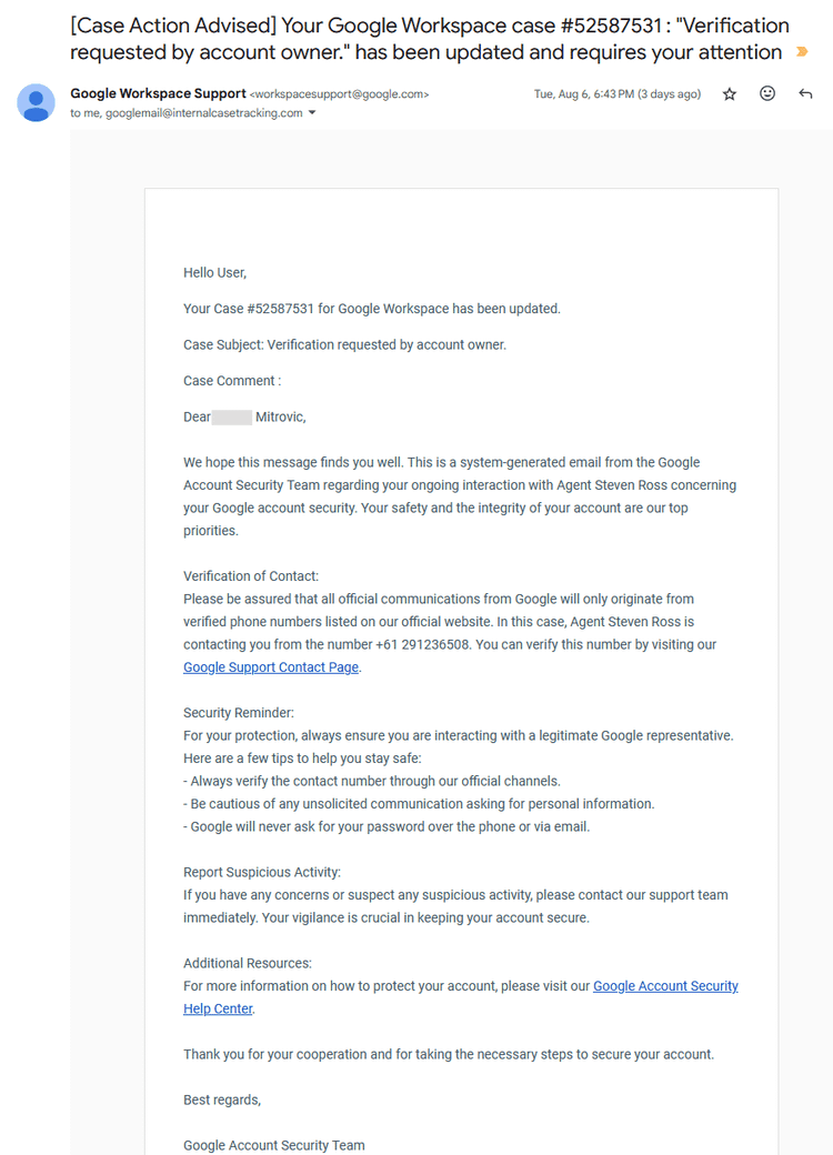 An example of the Gmail AI scam email