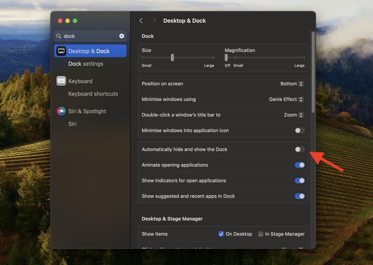 Опция автоскрытия Dock