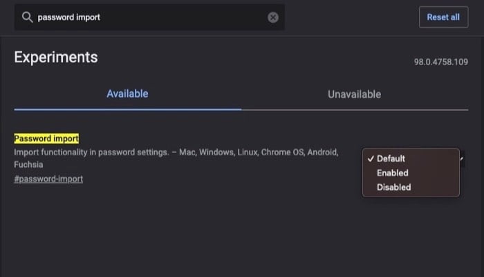 Флаг Chrome: Password import в списке флагов