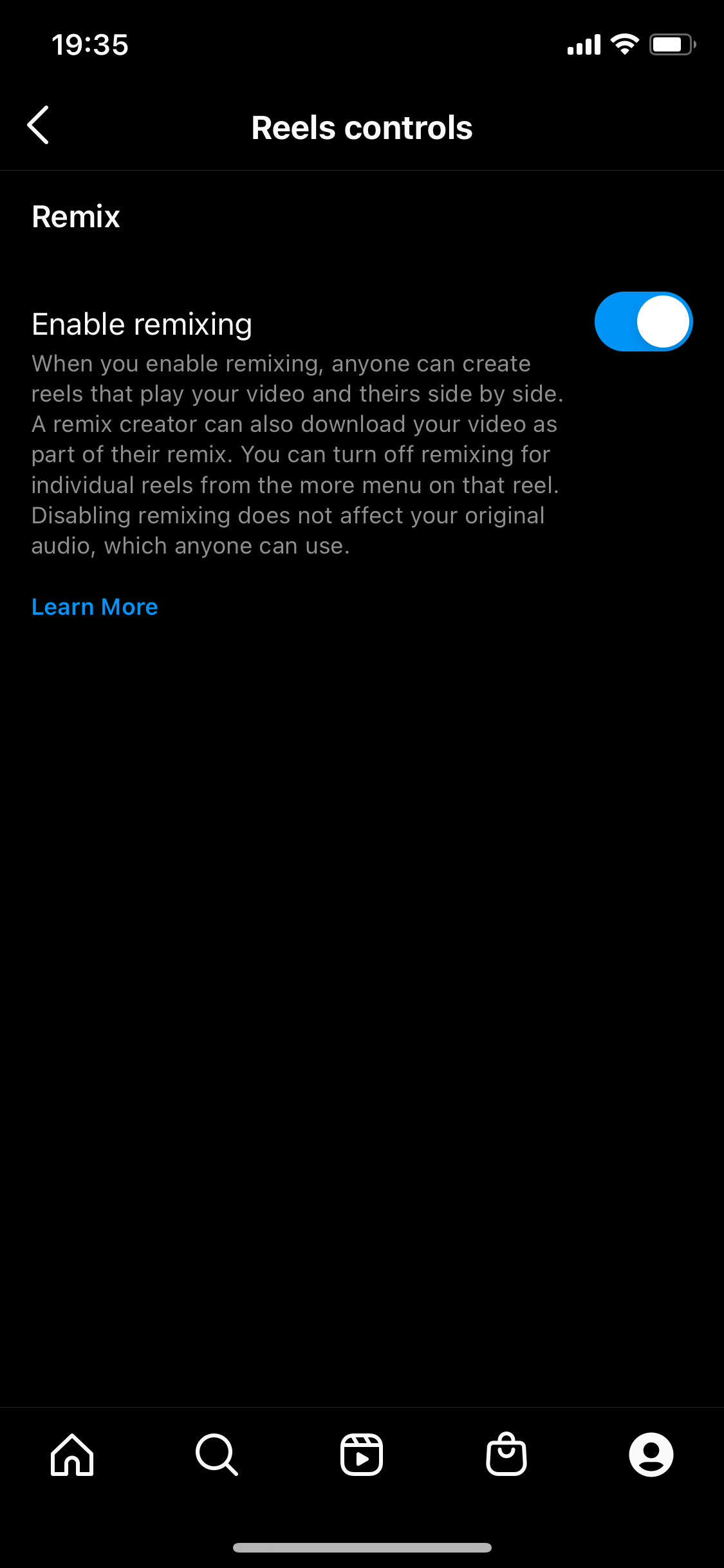 Параметры Remix для Reels