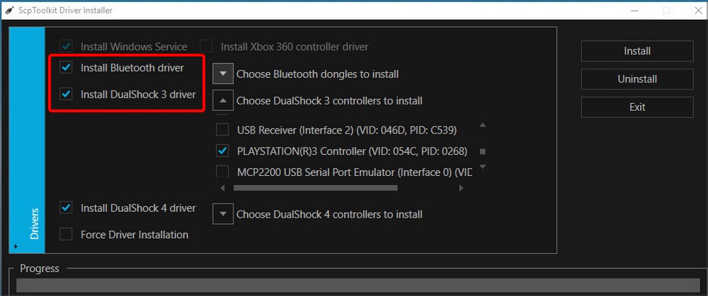 Скрин выбора драйверов: DualShock 3 и Bluetooth отмечены