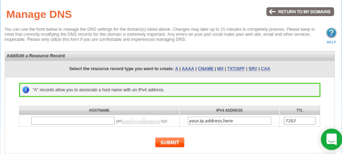 Пример A-записи DNS для сервера
