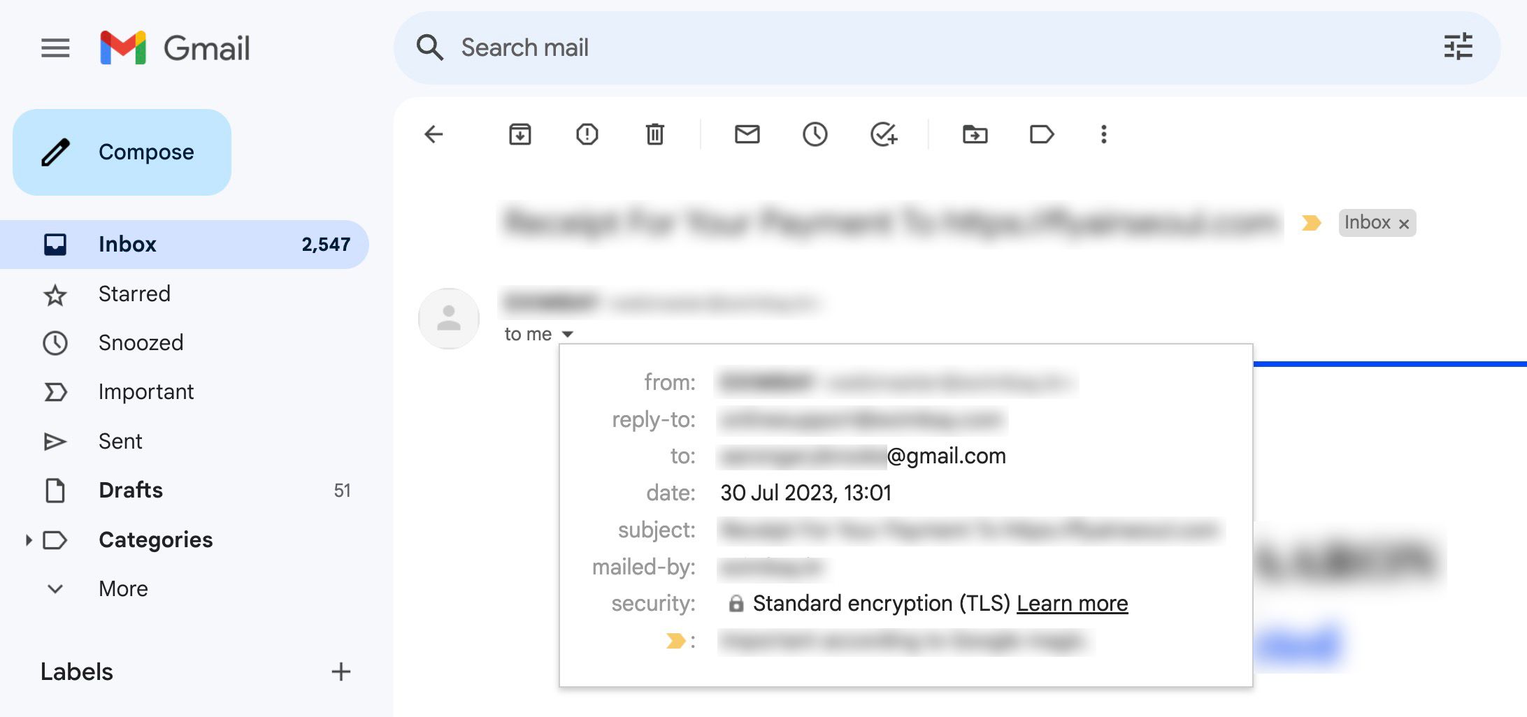 Скриншот, показывающий заголовки сообщения в Gmail с полем To