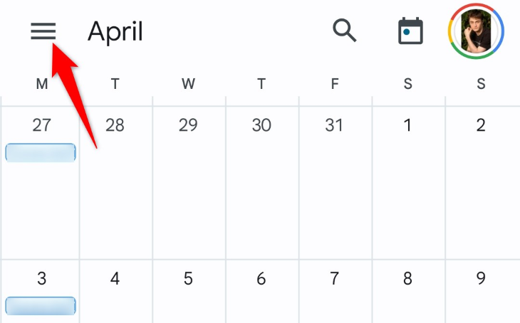 Нажмите кнопку меню в левом верхнем углу приложения Google Calendar на Android.