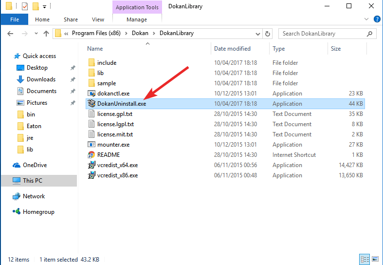 Пример расположения Dokan Uninstaller в Проводнике
