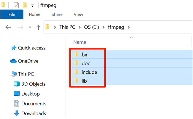 Папка ffmpeg в корне диска C с содержимым bin, doc, include, lib