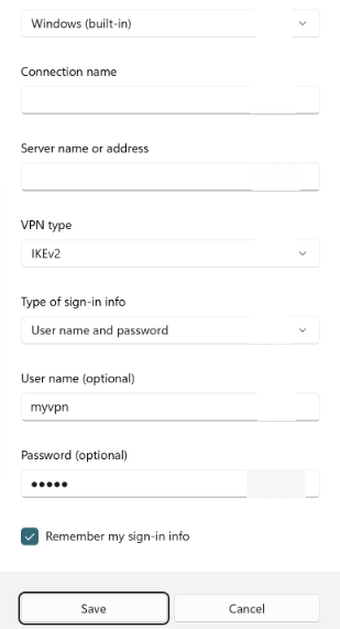 Поля для настройки IKEv2: имя сервера и тип VPN