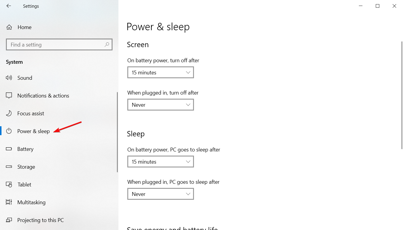 Настройки «Питание и спящий режим»