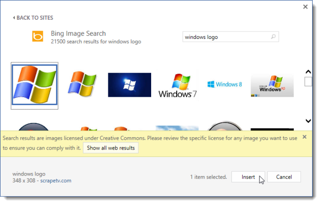 Выбор изображения для вставки
