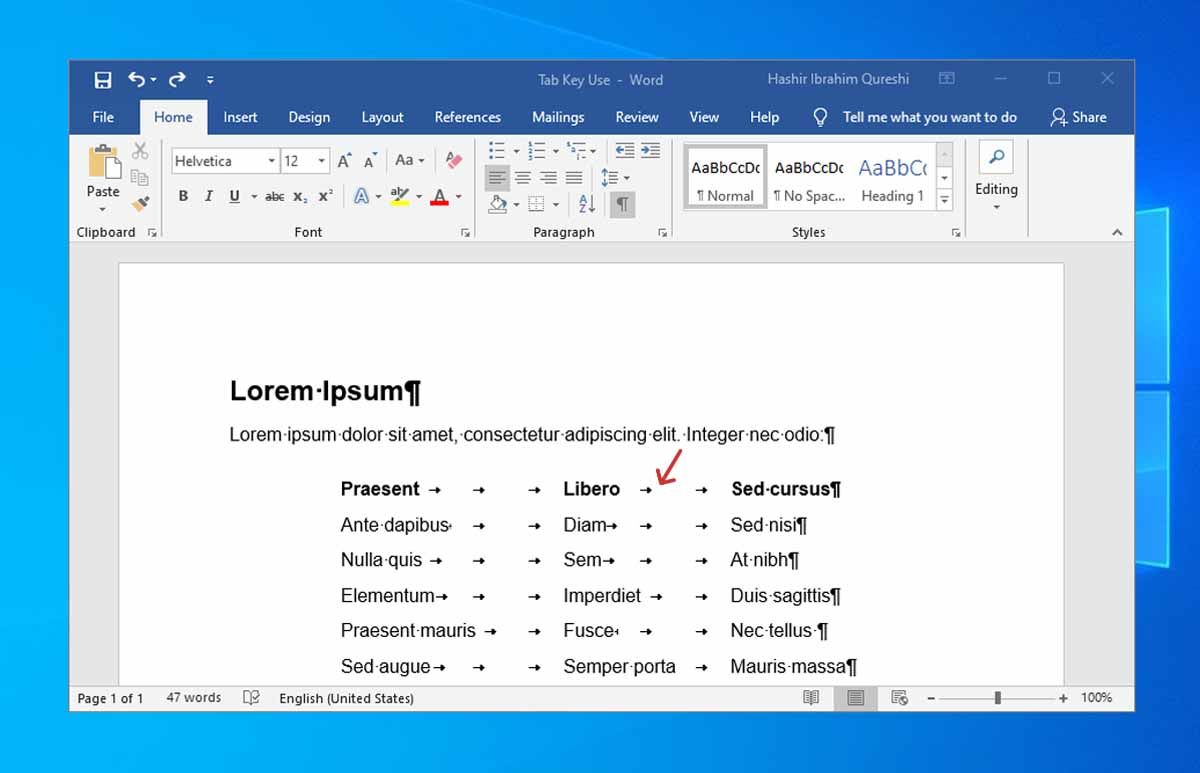 Стрелка, обозначающая табуляцию в MS Word