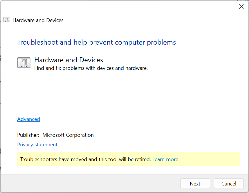 Результаты запуска средства устранения неполадок оборудования и устройств