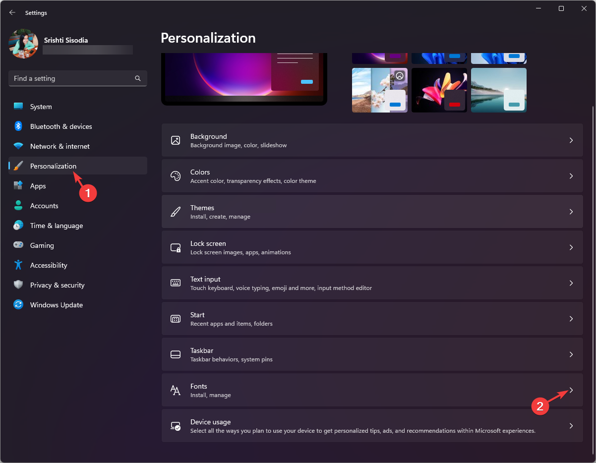 Панель «Персонализация — Шрифты»