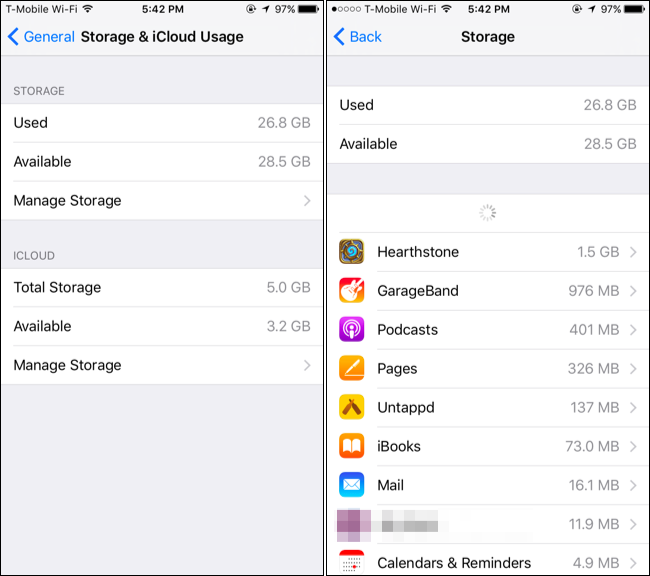 Экран настроек iPhone — Хранилище и список приложений с использованием места
