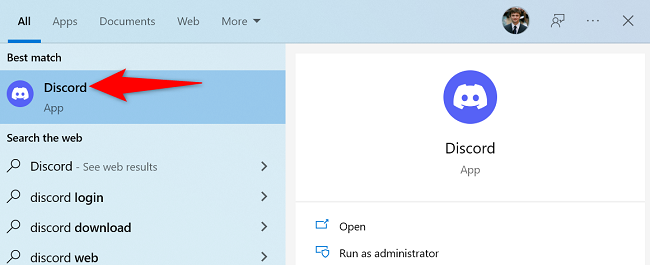 Откройте Discord через меню «Пуск» — результат поиска.