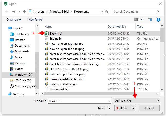 Открытие .tbl в Excel — выбор типа файла
