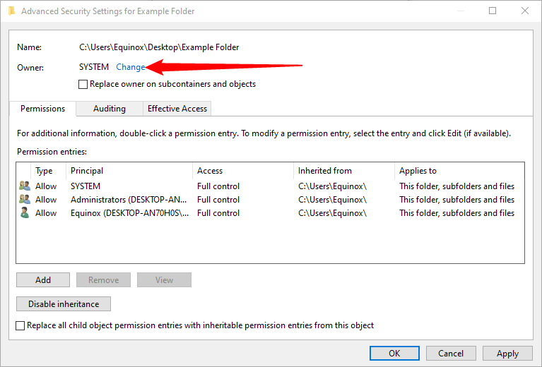 Нажмите «Изменить» рядом с владельцем в окне дополнительных параметров безопасности.