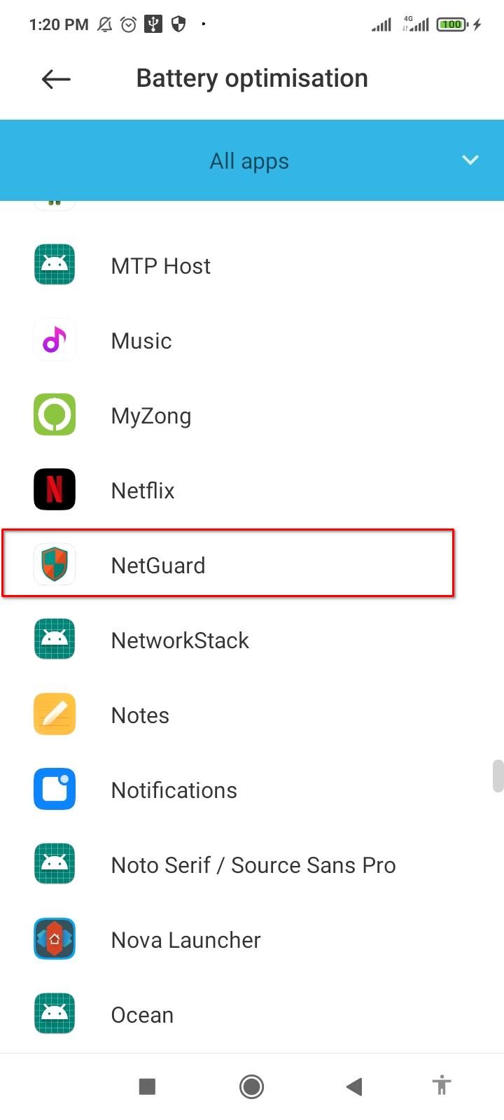 Выбор NetGuard в списке для исключения оптимизации.