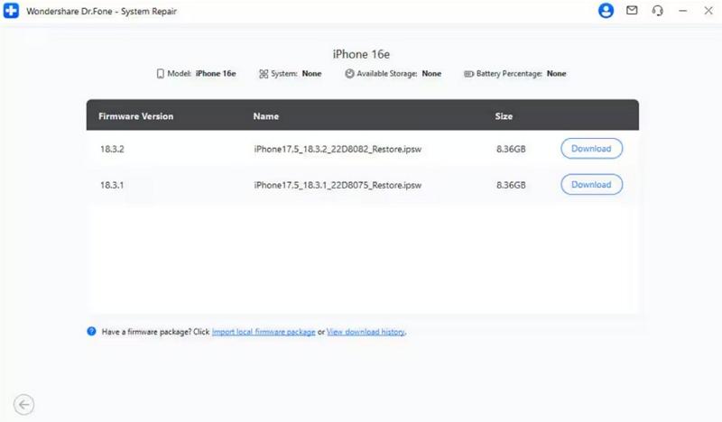 Schermata download firmware iOS in Dr.Fone