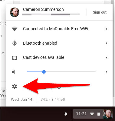 Меню настроек Chrome OS — значок шестерёнки