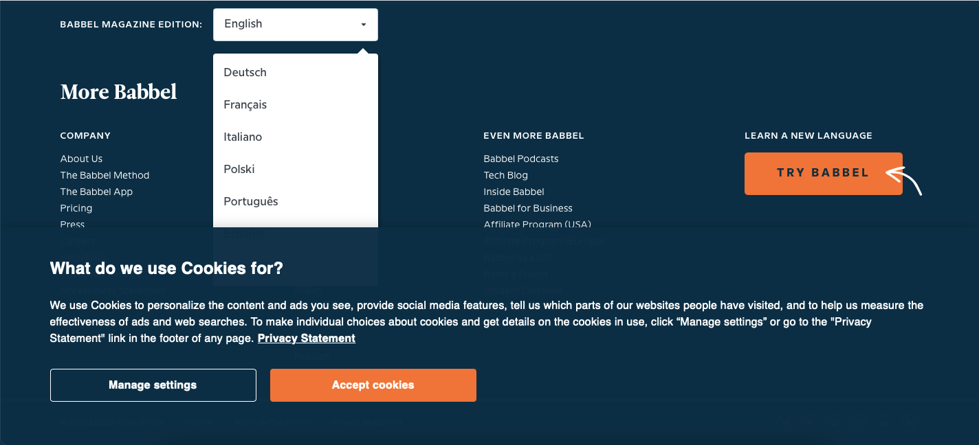 меню выбора языка в Babbel Magazine